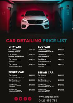 an advertisement for a car detailing price list with the image of a car parked in a garage