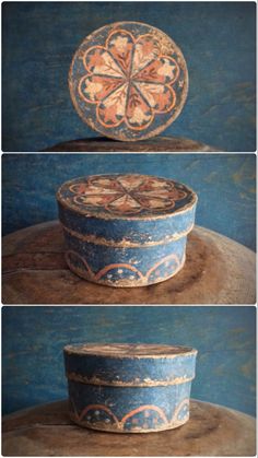 three different images of an old hat on top of a wooden box, with the same pattern