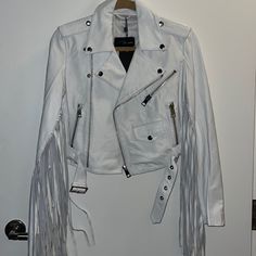 Nwt Purchased From Farfetch White Fitted Leather Outerwear, Fitted White Leather Outerwear, White Fitted Chic Leather Jacket, Chic White Leather Outerwear, White Leather Long Sleeve Outerwear, Luxury White Leather Outerwear, Luxury White Leather Jacket For Winter, Luxury White Leather Jacket With Long Sleeves, Tan Suede Jacket