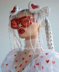 a mannequin dressed in white and red with hearts on her face wearing sunglasses