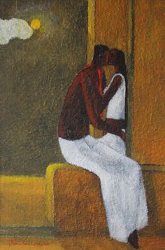 an oil painting of a woman sitting on a chair with her head in her hands