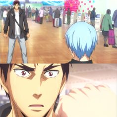 an anime scene with two people in the background and one man looking at something on the ground