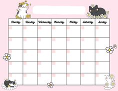 a pink calendar with two cats and flowers on the front, one cat is looking at another