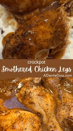 crockpot smothered chicken legs with brown gravy on the side