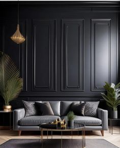 25 Deep & Dark Black Accent Walls in Living Room Ideas 5 Black Wainscoting, Black Painted Walls, Dark Accent Walls, Herringbone Wall, Panel Ideas, Neutral Furniture, Accent Walls In Living Room