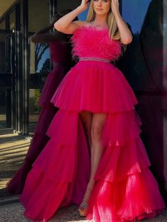 Strapless High Low Hot Pink Feathers Long Prom Dresses #prom #promdress #promdresslong #highlowdress #straplesspromdress #formaldress #eveningdress 30th Outfit, Prom Dress With Feathers, Dress With Feathers, Feather Prom Dress, Fancy Nancy, Strapless Neckline, Color Fuchsia, Pink Feathers, Beaded Belt