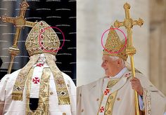 the pope is wearing gold and holding a red circle in his left hand as he stands next to him