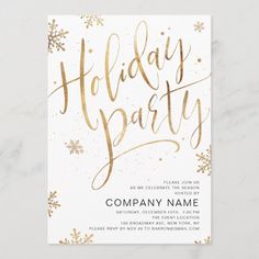 a holiday party card with gold foil and snowflakes