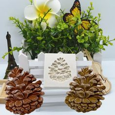 three pine cones sitting next to each other on a white bench with flowers in the background