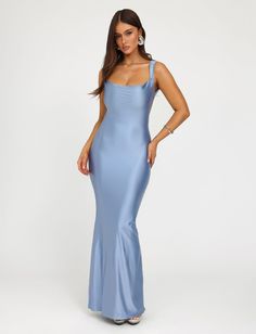 MORANA SHIMMER DRESS - BLUE : PALE BLUE | Tiger Mist Satin Maxi Dress With Low Back For Gala, Prom Season Dresses With Cowl Back, Blue Slip Dress For Gala, Blue Satin Slip Dress For Gala, Blue Evening Slip Dress With Fitted Bodice, Party Maxi Dress With Ruched And Low Back, Blue Fitted Slip Dress For Prom, Blue Bodycon Maxi Dress For Evening, Elegant Blue Bias Cut Maxi Dress For Gala