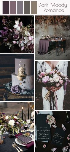 a collage of photos with flowers, candles and wedding cake in purple tones on the table