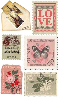 four stamps with different designs on them and some type of stamp that says love in the middle