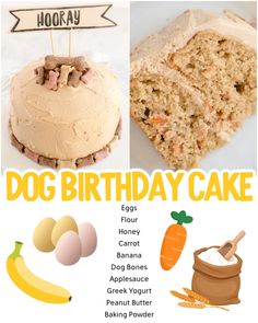 an advertisement for a dog birthday cake with images of dogs, carrots and other treats