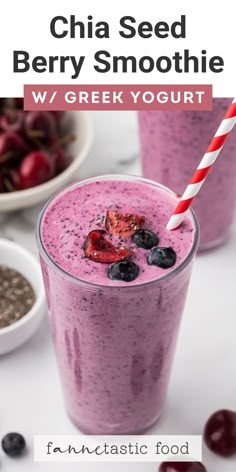 chia seed berry smoothie w / greek yogurt in a glass with strawberries and blueberries on the side