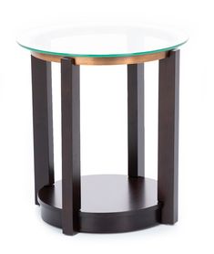 a round glass table with wooden legs on a white background