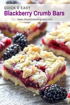 blackberry crumbler bars on a wooden table with blackberries and raspberries