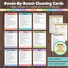 the room by room cleaning cards are shown on a wooden table with colorful labels and text