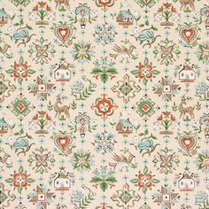 an old fashioned wallpaper pattern with flowers and animals on it's side, in beige