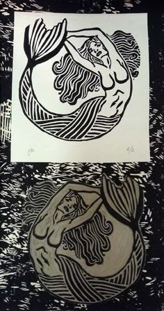 two black and white drawings on paper next to each other