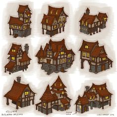 a bunch of houses that are drawn in different styles and sizes, all with lights on them