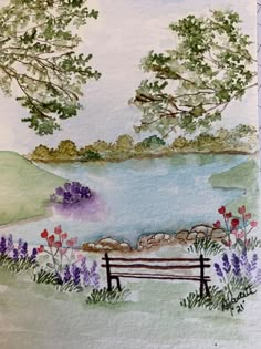 a watercolor painting of a bench and flowers by a lake with mountains in the background