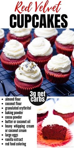 red velvet cupcakes on a black background and a section of red velvet keto cupcakes Low Carb Red Velvet Cupcakes, Keto Red Velvet Cupcake, Keto Cupcakes Almond Flour, Sugar Free Red Velvet Cake Recipe, Almond Flour Cupcakes, Sugar Free Frosting Recipe, Gluten Free Red Velvet Cupcakes, Sugar Free Cupcakes, Quit Sugar Recipes