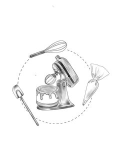 a drawing of a kitchen mixer and utensils