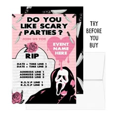 a pink and black party card with the words do you like scary parties?