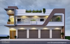 this is an image of a two story house with garages and plants on the balconies