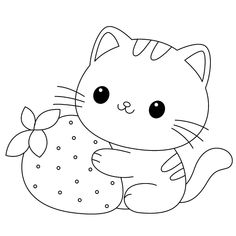 a black and white drawing of a cat holding a strawberry