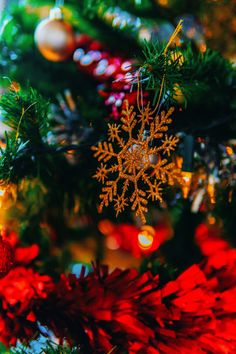 a christmas tree with red and green ornaments on it's branches, including a snowflake ornament