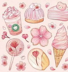 an illustration of various desserts and drinks on a pink background with cherry blossom petals