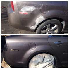 two pictures side by side of a car that has been painted black and the other is silver