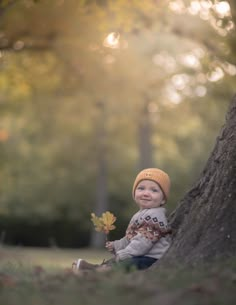 a little boy sitting on the ground next to a tree and holding onto a leaf