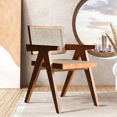 a wooden chair sitting in front of a round mirror