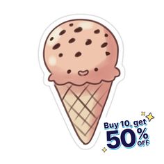 an ice cream cone sticker with chocolate chipped toppings on the top and 50 % off