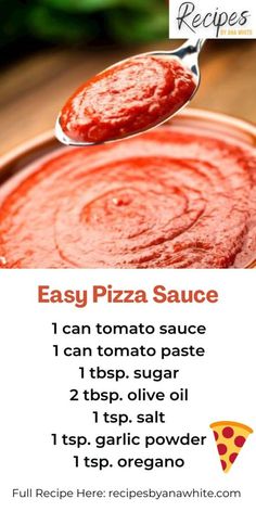 the recipe for pizza sauce is shown on a spoon