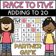 the race to five addition game is shown with two children standing next to each other