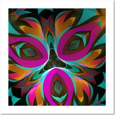 an abstract art work with bright colors and shapes in the center, on a black background