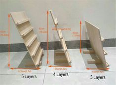 three wooden shelves with measurements for each shelf