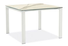 a white table with a marble top and metal legs, on a white background that has an abstract design in the middle