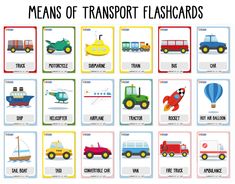 different types of transport flashcards for kids to use in their classroom or home decor