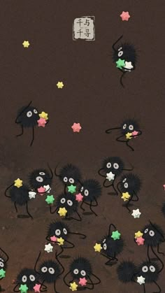 a group of black mice with stars on their backs in the dark, surrounded by smaller ones