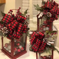 two red and black christmas decorations on top of a table