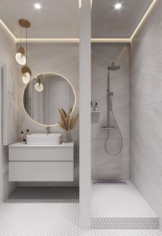 a bathroom with a sink, mirror and shower