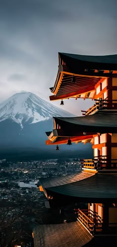 a view of the top of a building with snow capped mountain in the background