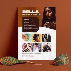 a flyer for a beauty salon on a brown background