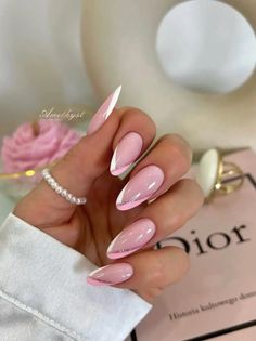 Are you looking for pink French tip nails to put a modern twist on a classic French manicure? If so, try one of these unique and colorful ideas for your next nail set! Pink Stiletto Nails, Fake Nails Long, Indigo Nails, Fake Nails With Glue, False Nails