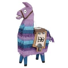 a purple and blue llama with a sign on it's back