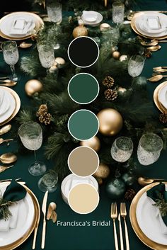 the table is set for christmas dinner with green and gold plates, silverware, pine cones, and greenery